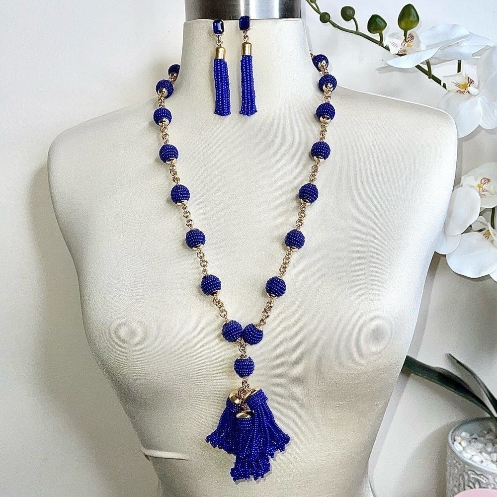 NWT Vintage J.Crew Lapis Blue Seed Bead Triple Tassel DROP NECKLACE+Earrings